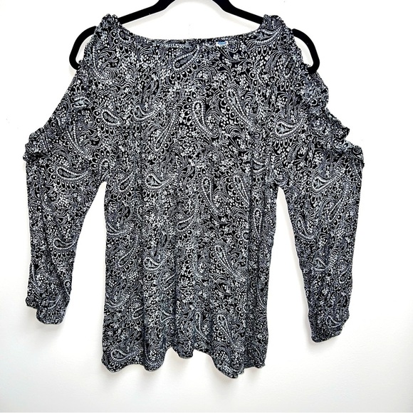 Old Navy Black & White Paisley Print Cold Shoulder Boho Western Top Sz.Lg - Picture 2 of 9